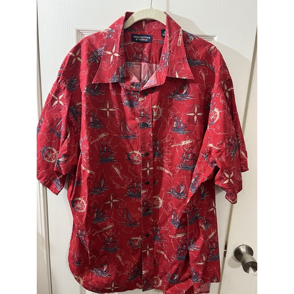 Roundtree Yorke Mens Button Down Shirt Novelty Nautical Red Boat 2XL